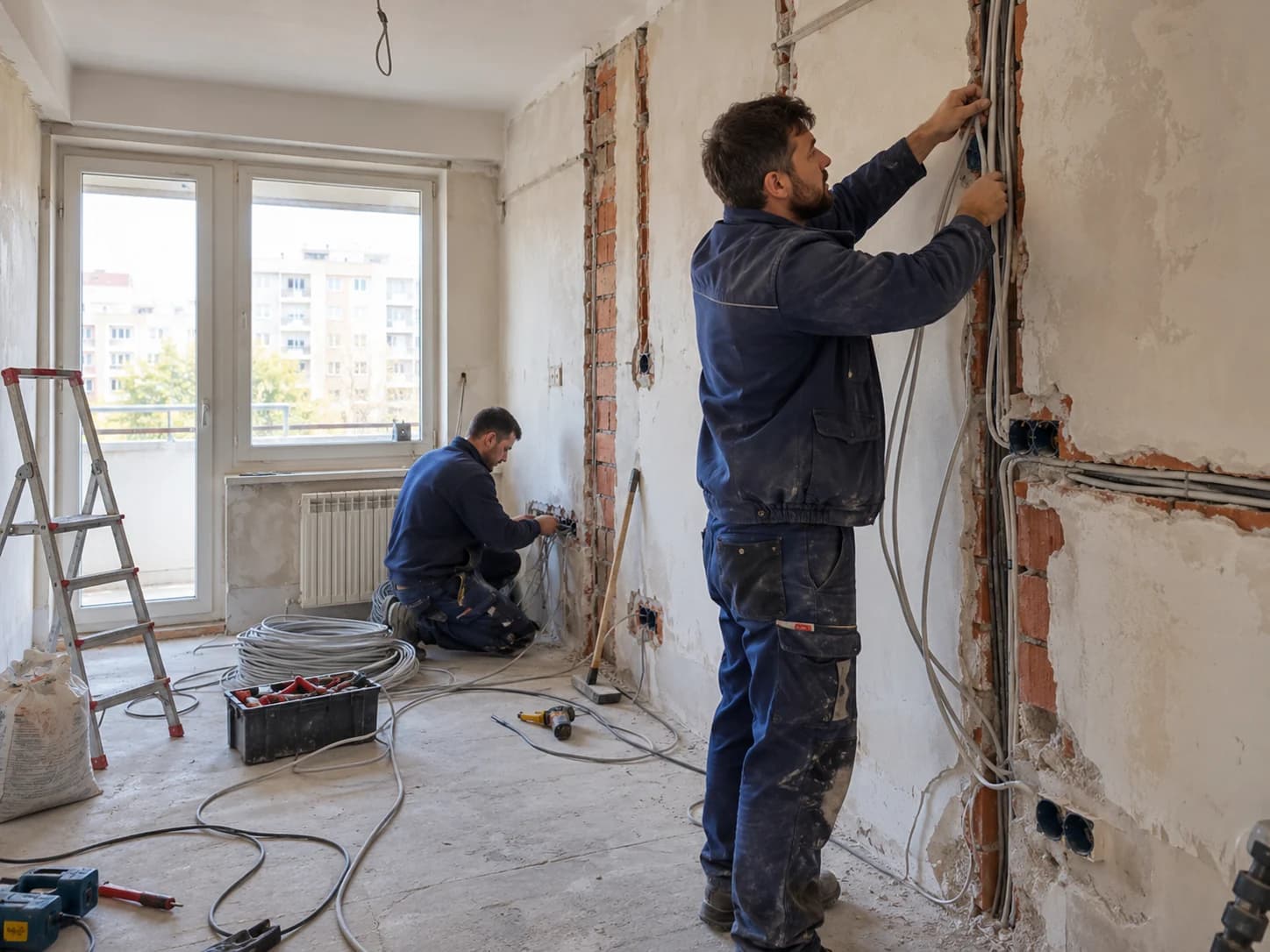 Električari postavljaju nove vodove u stanu tokom renoviranja